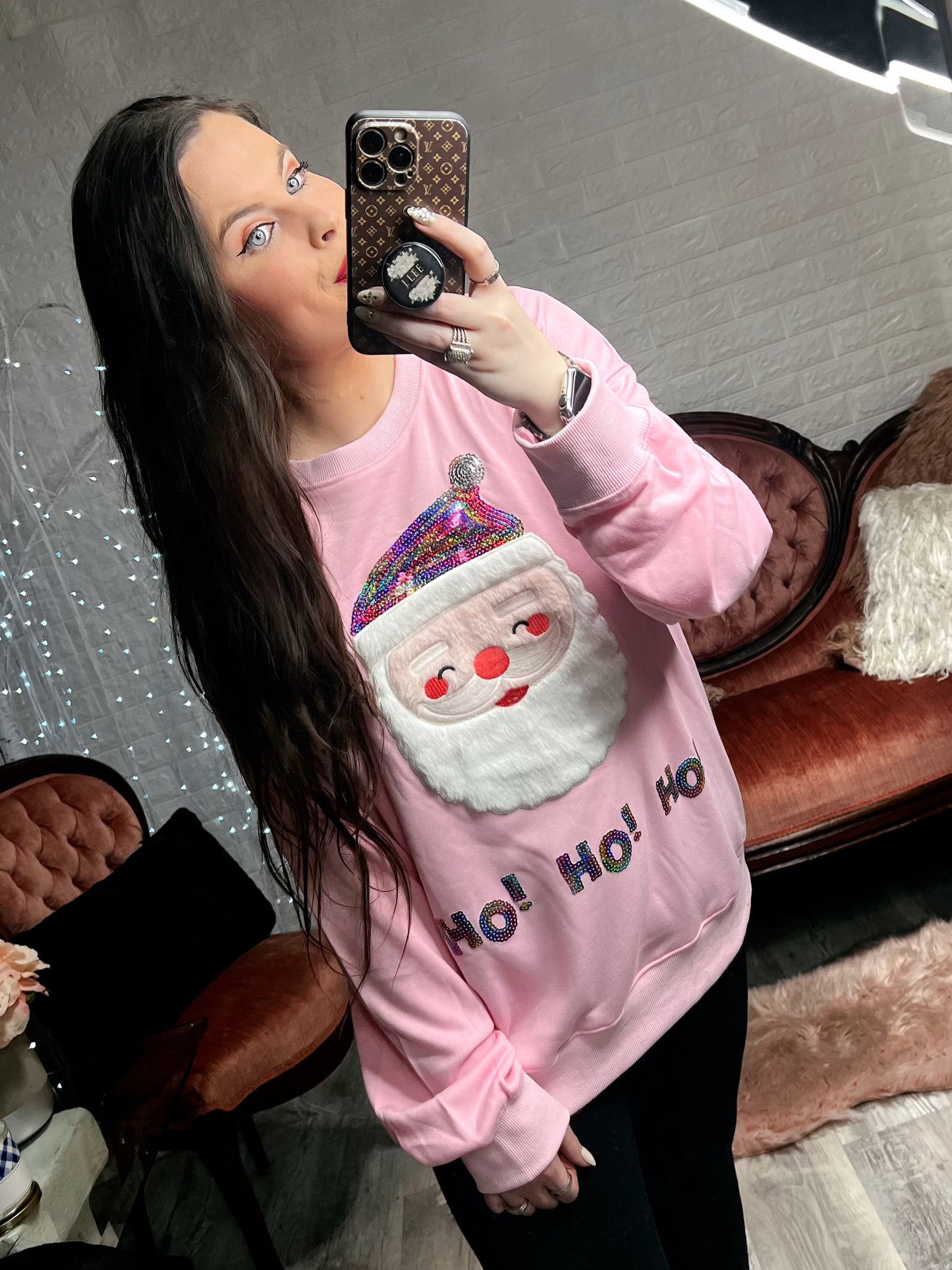 S-2X J. Lee Pink Sequin Santa Sweatshirt
