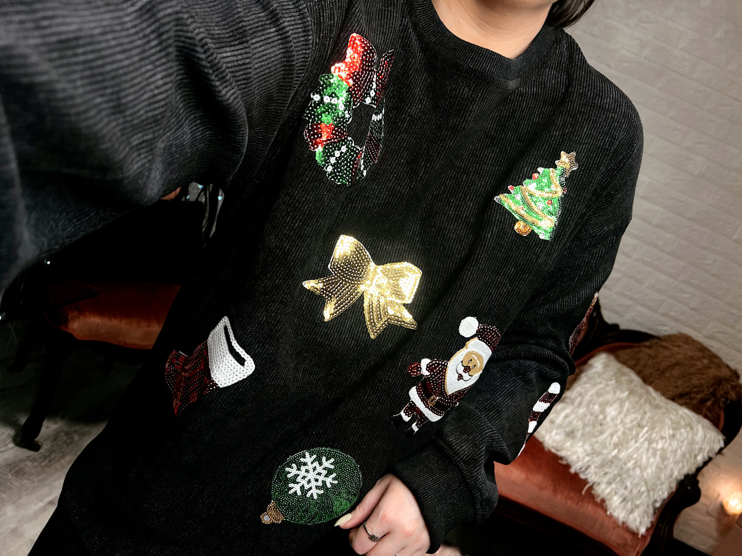 S-2X J. Lee Sequin Xmas Mix Corded Crew