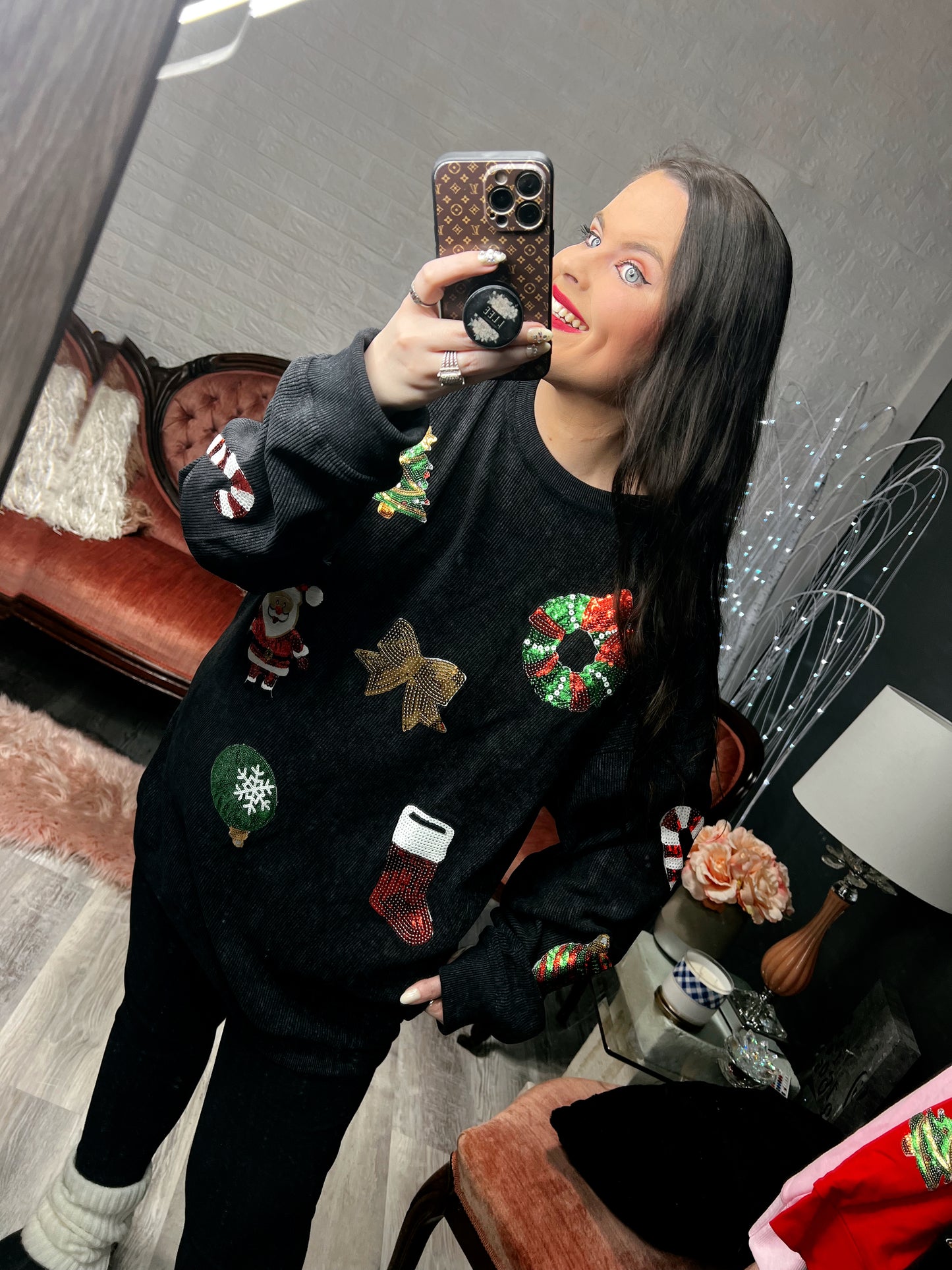 S-2X J. Lee Sequin Xmas Mix Corded Crew