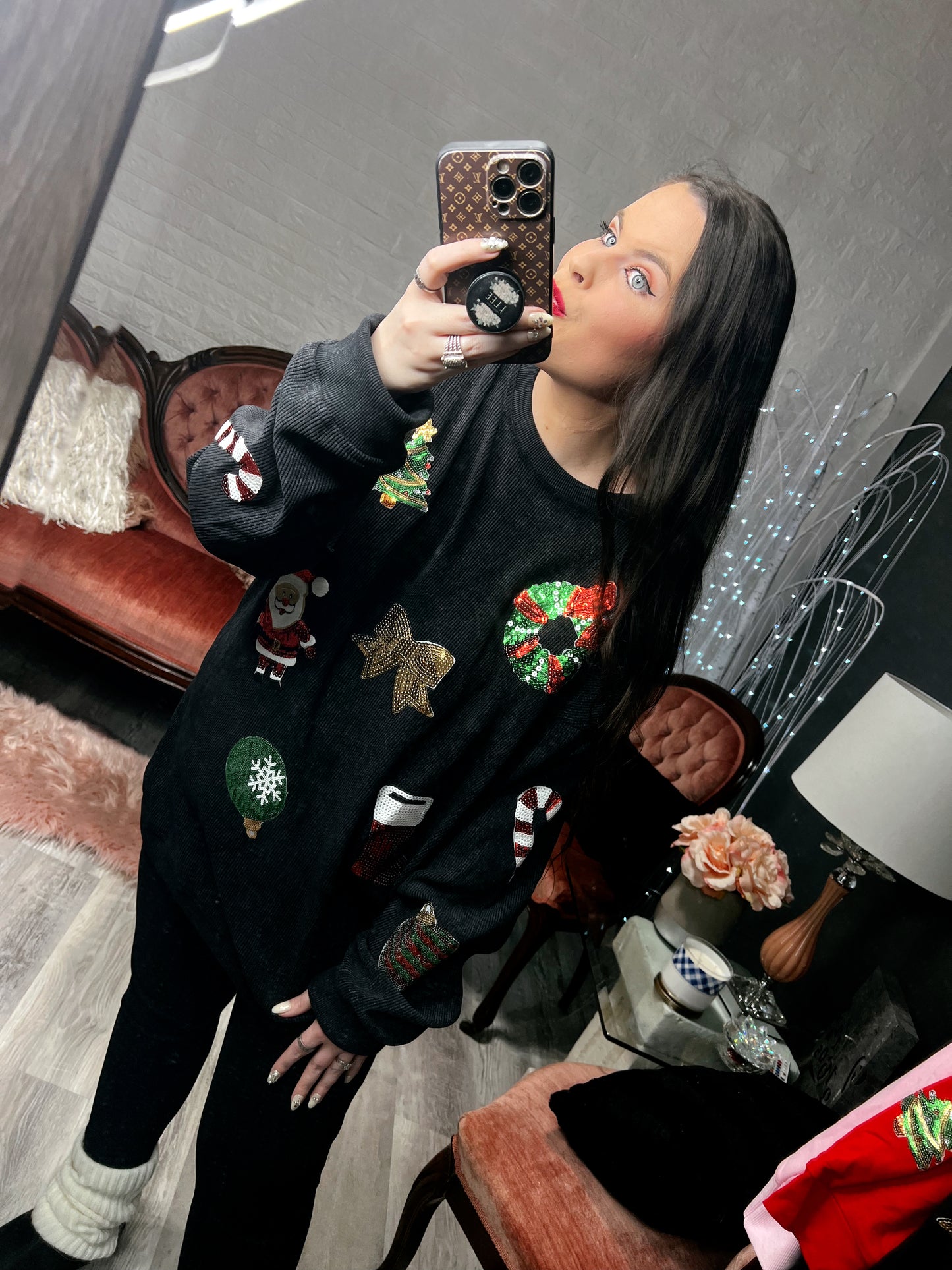 S-2X J. Lee Sequin Xmas Mix Corded Crew