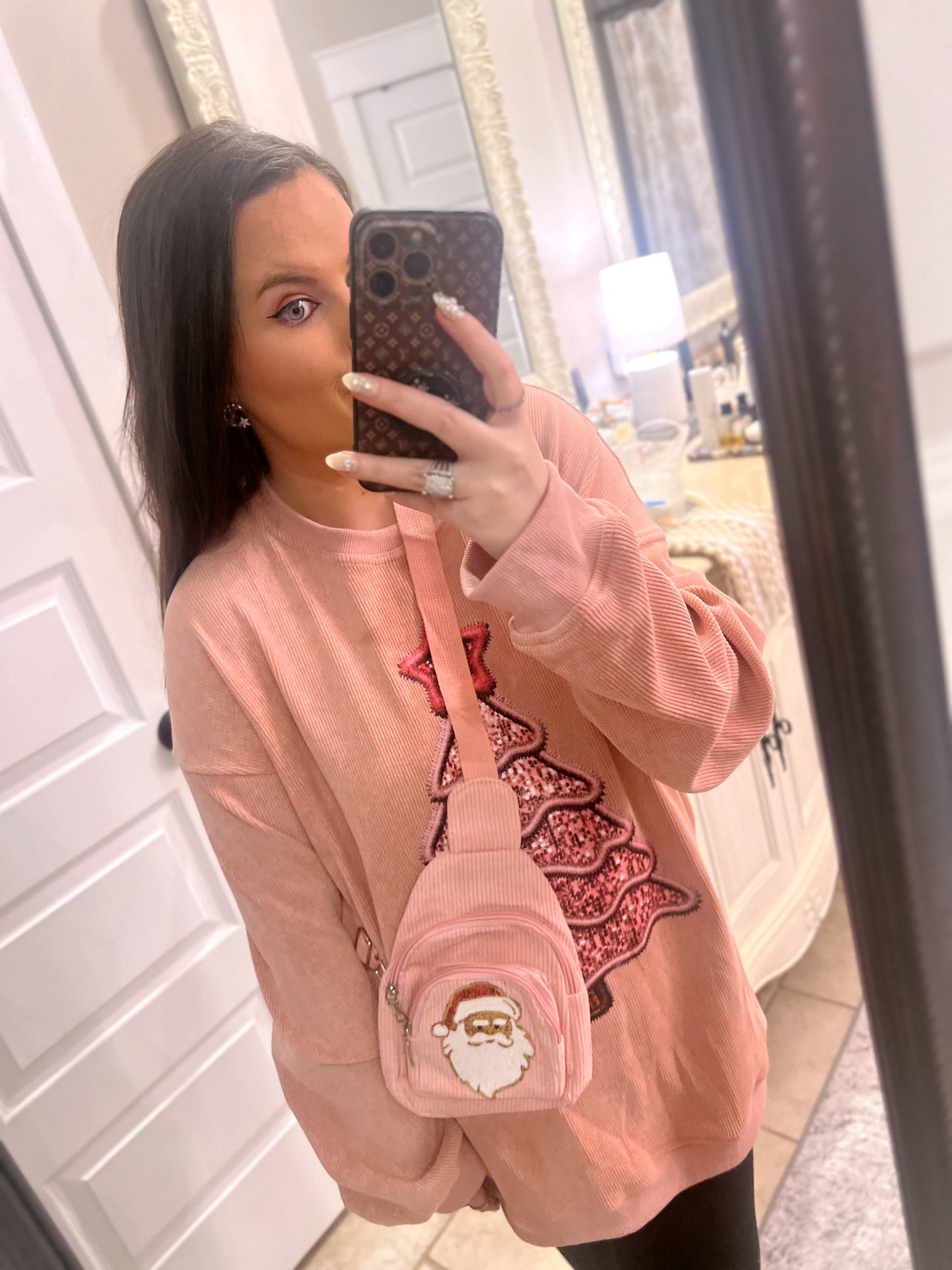 Pink Corduroy Santa Sequin Bum Bag