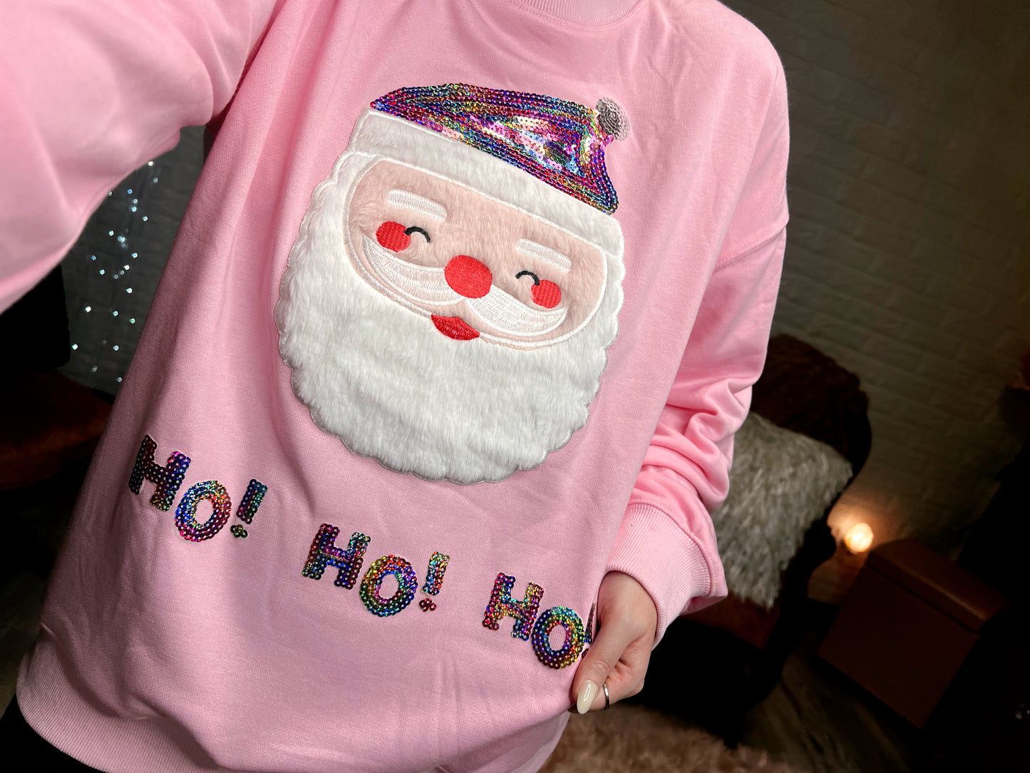 S-2X J. Lee Pink Sequin Santa Sweatshirt