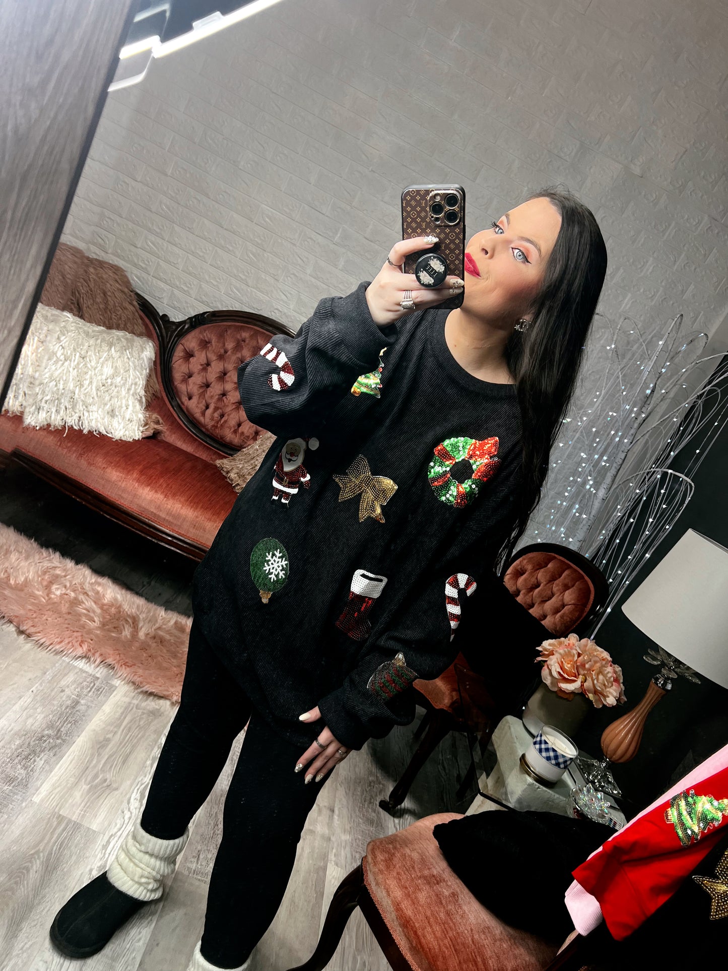 S-2X J. Lee Sequin Xmas Mix Corded Crew