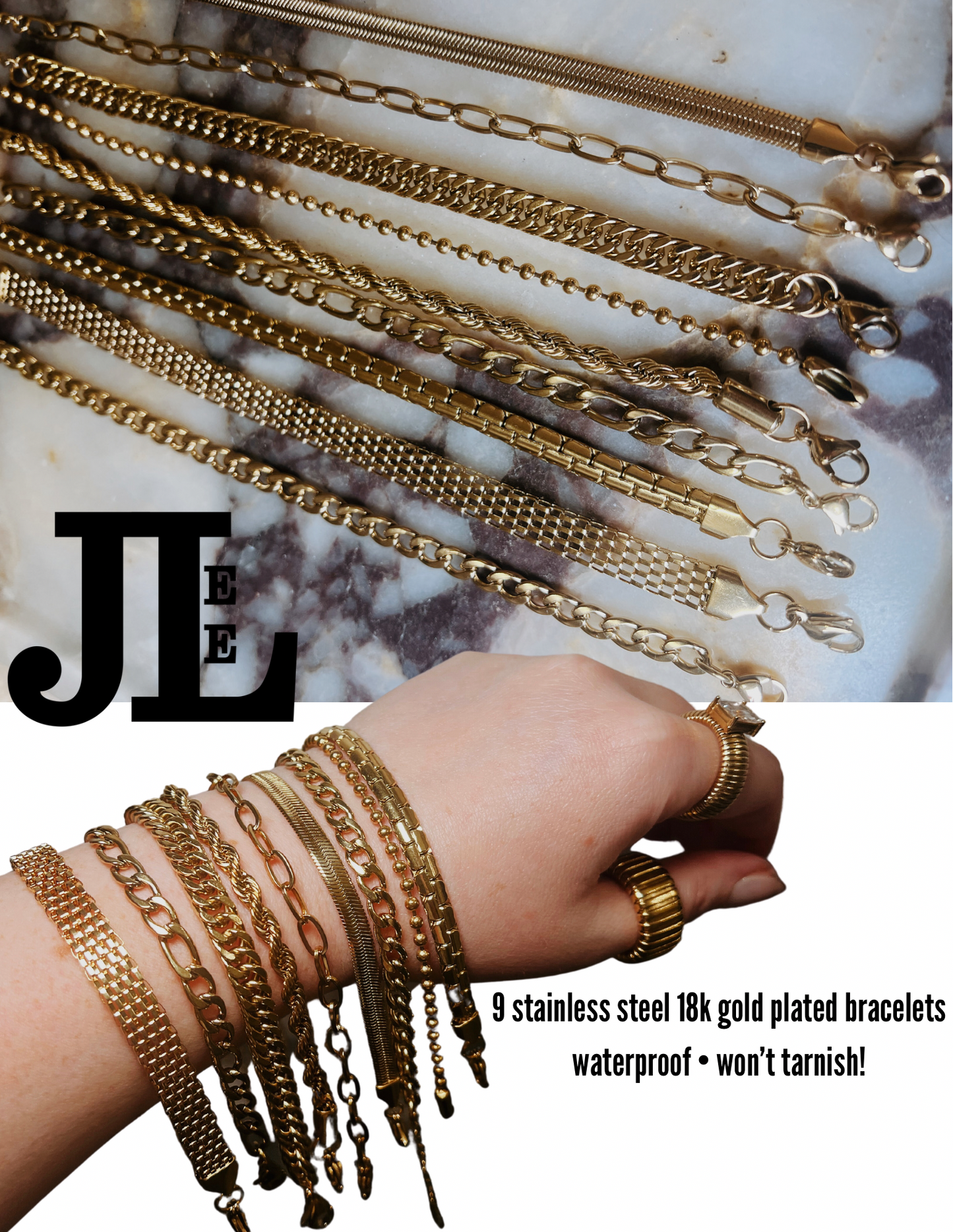 Luxe 18k Gold Plated Stainless Steel Waterproof Bracelet Set