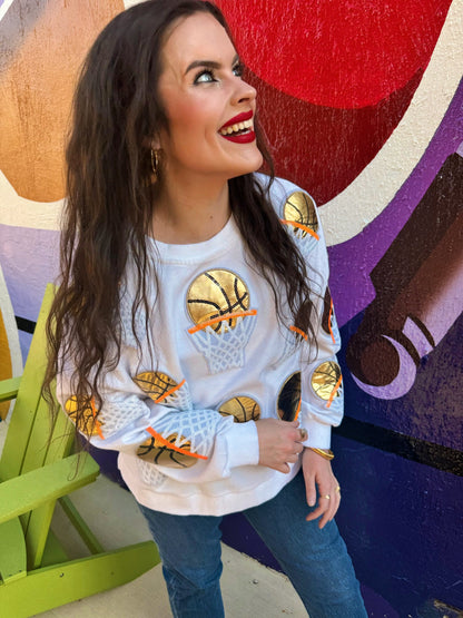 White Embroidered Basketball Sweatshirt