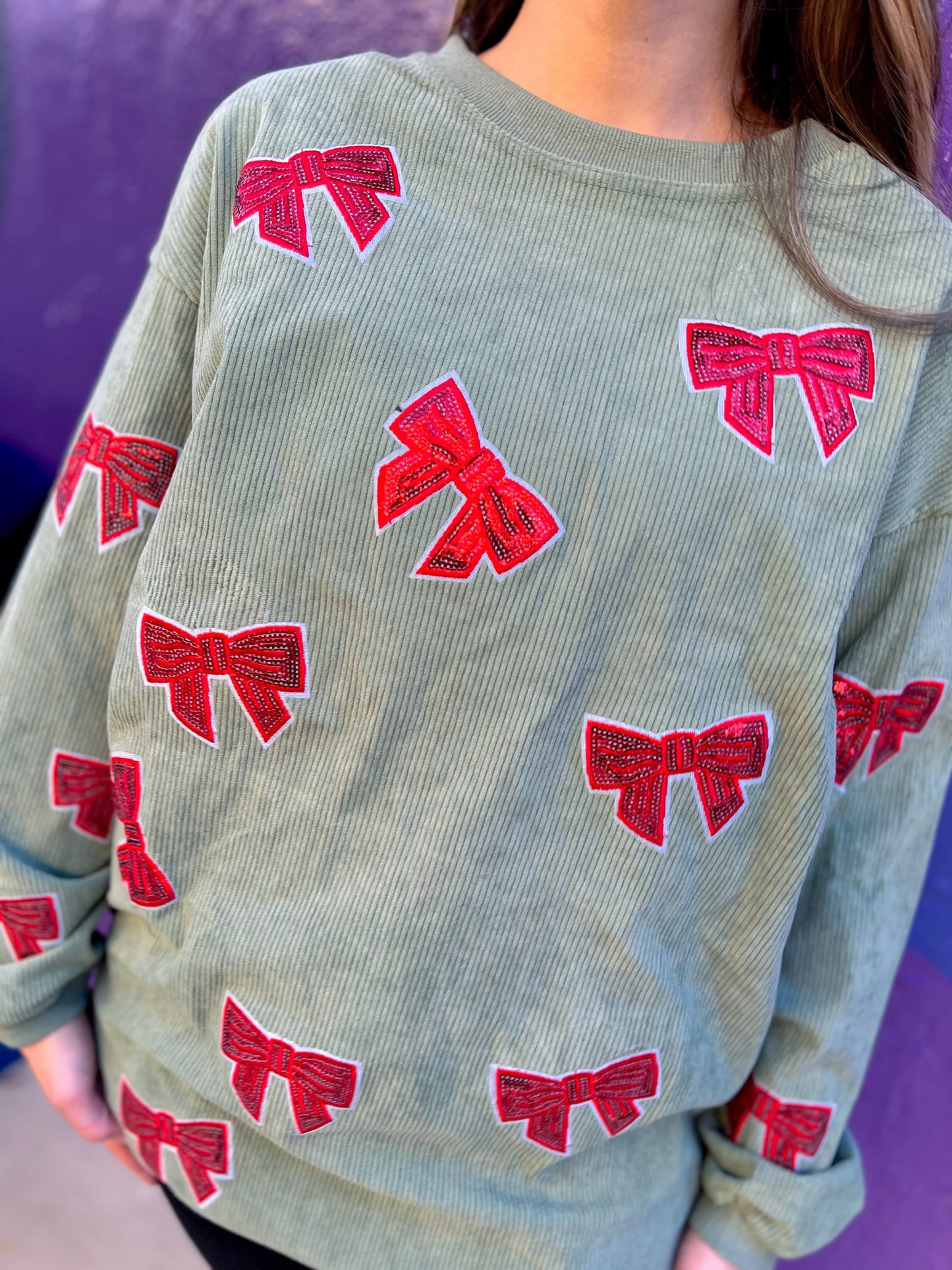 Green/Red Sequin Bow Corded Crew