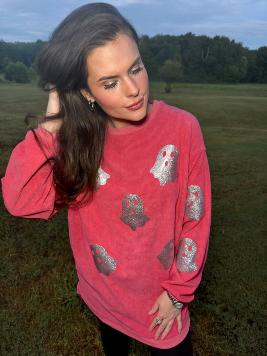 Blush Pink Glitter Ghost Corded Crew