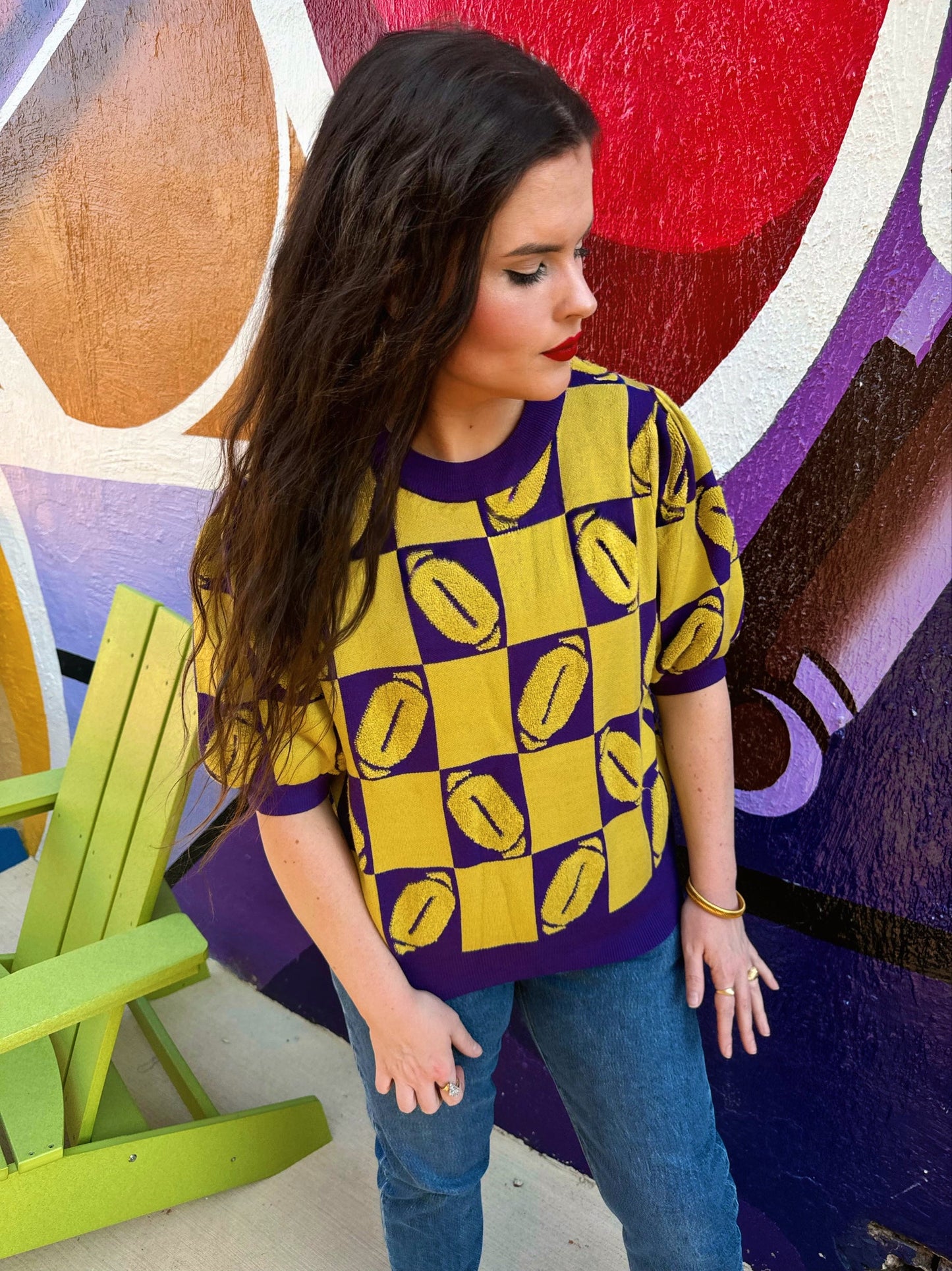 J. Lee Purple/Yellow Luxe Short Sleeve Football Sweater