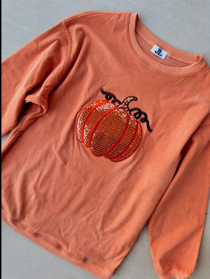 Orange Sequin Pumpkin Corded Crew