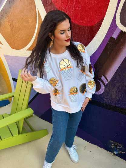 White Embroidered Basketball Sweatshirt