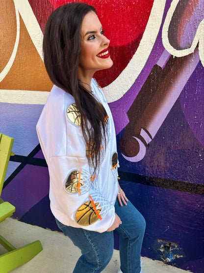 White Embroidered Basketball Sweatshirt