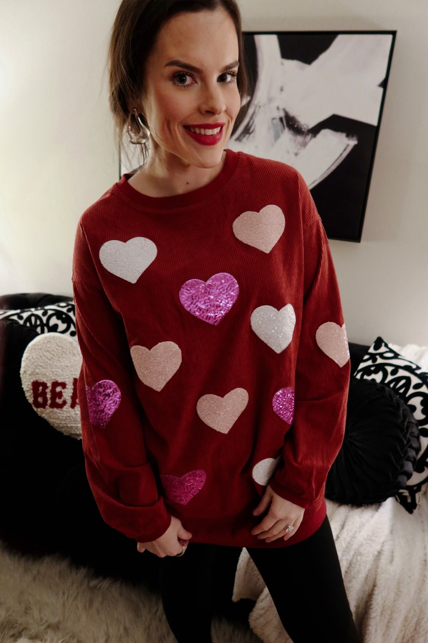 Red Sequin Hearts Corded Crew