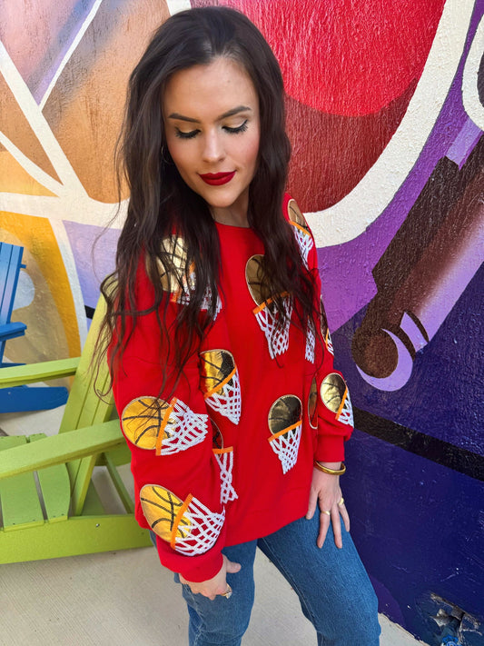 Red Embroidered Basketball Sweatshirt