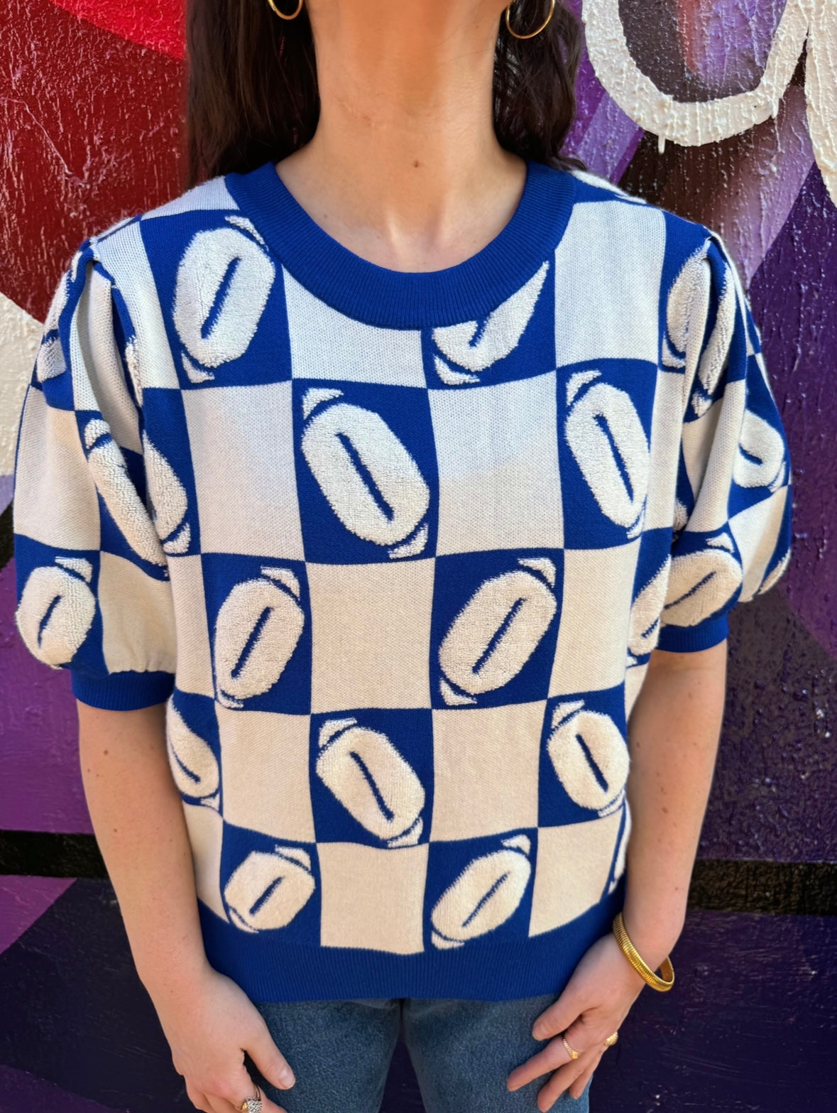 J. Lee Blue/White Luxe Short Sleeve Football Sweater