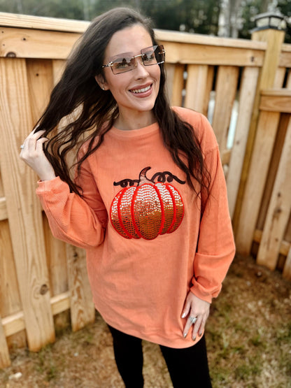 Orange Sequin Pumpkin Corded Crew