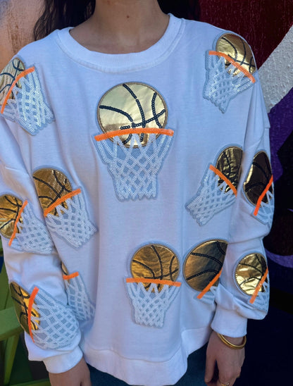 White Embroidered Basketball Sweatshirt