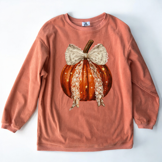 Orange Pumpkin Bow Corded Crew