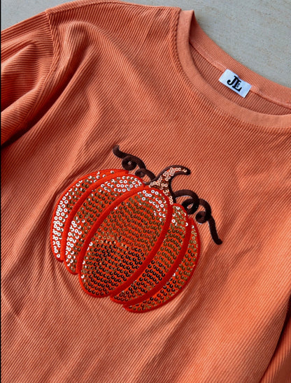 Orange Sequin Pumpkin Corded Crew