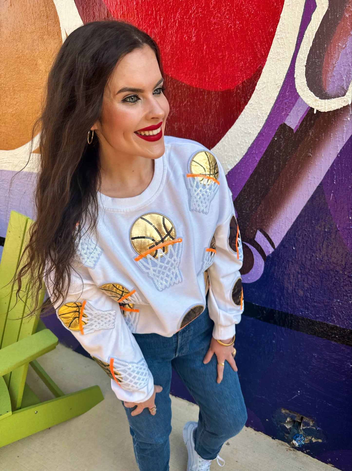 White Embroidered Basketball Sweatshirt