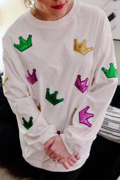 White Sequin Crown Corded Crew