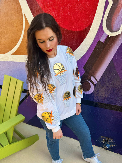 White Embroidered Basketball Sweatshirt