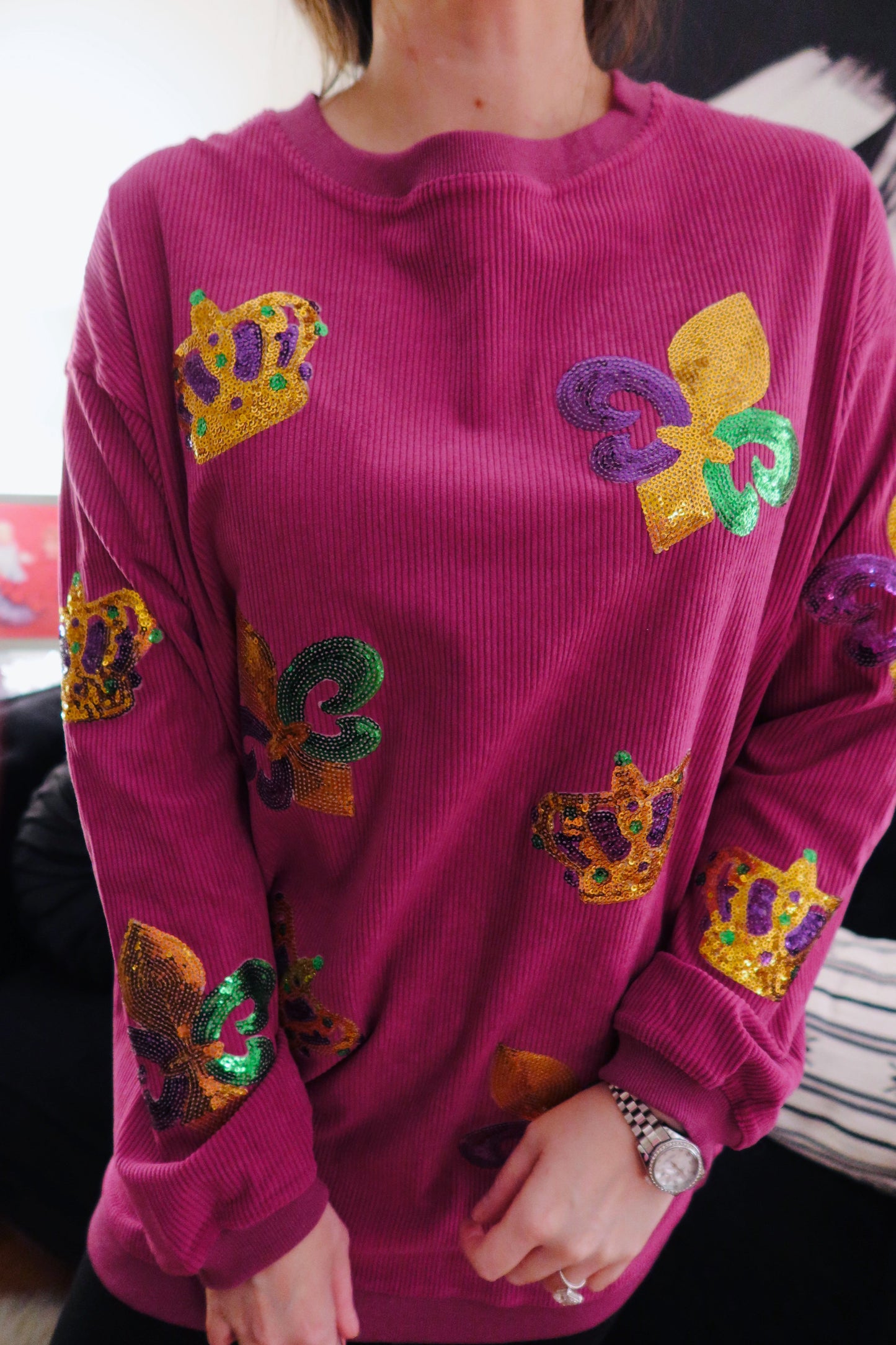 Magenta Sequin Crown Mix Corded Crew