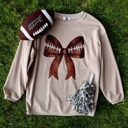 Beige Football Bow Corded Crew