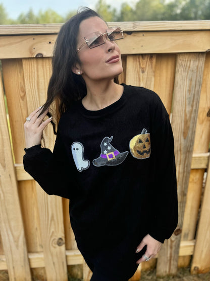 Black Sequin Halloween Corded Crew