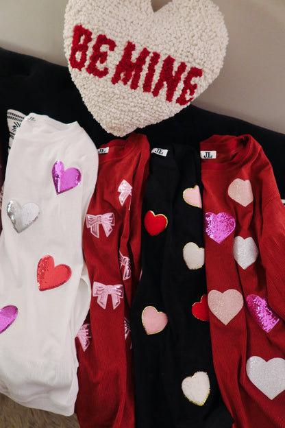 Red Sequin Hearts Corded Crew