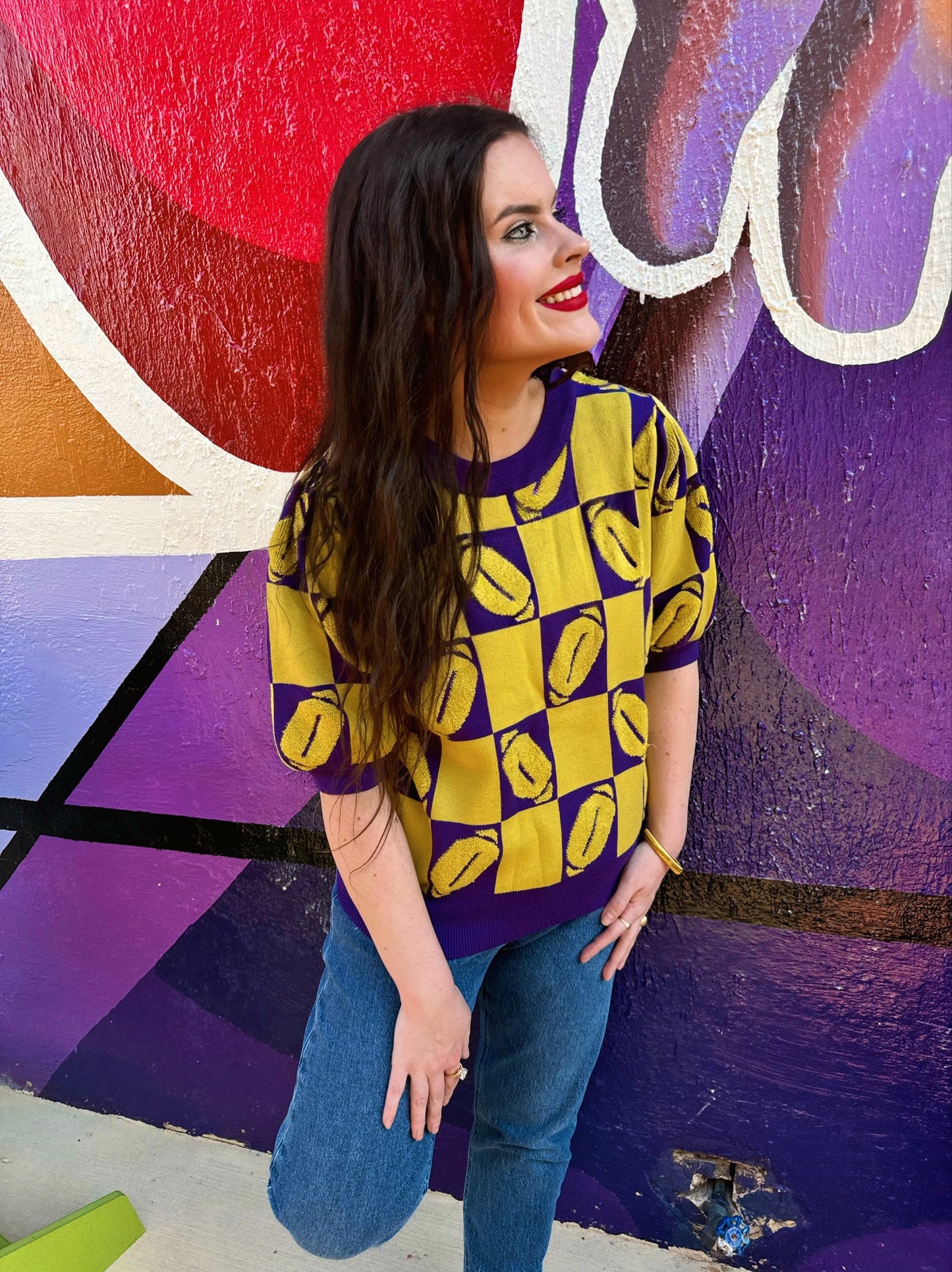 J. Lee Purple/Yellow Luxe Short Sleeve Football Sweater