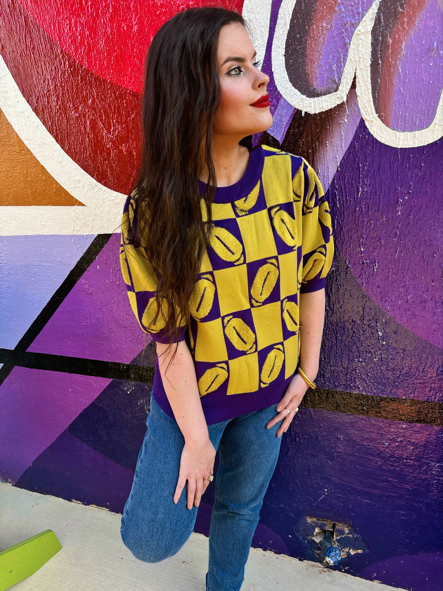 J. Lee Purple/Yellow Luxe Short Sleeve Football Sweater