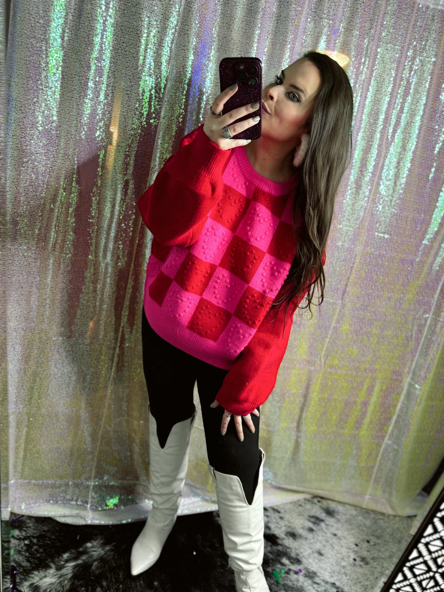 Luxe Checkered Textured Heart Sweater