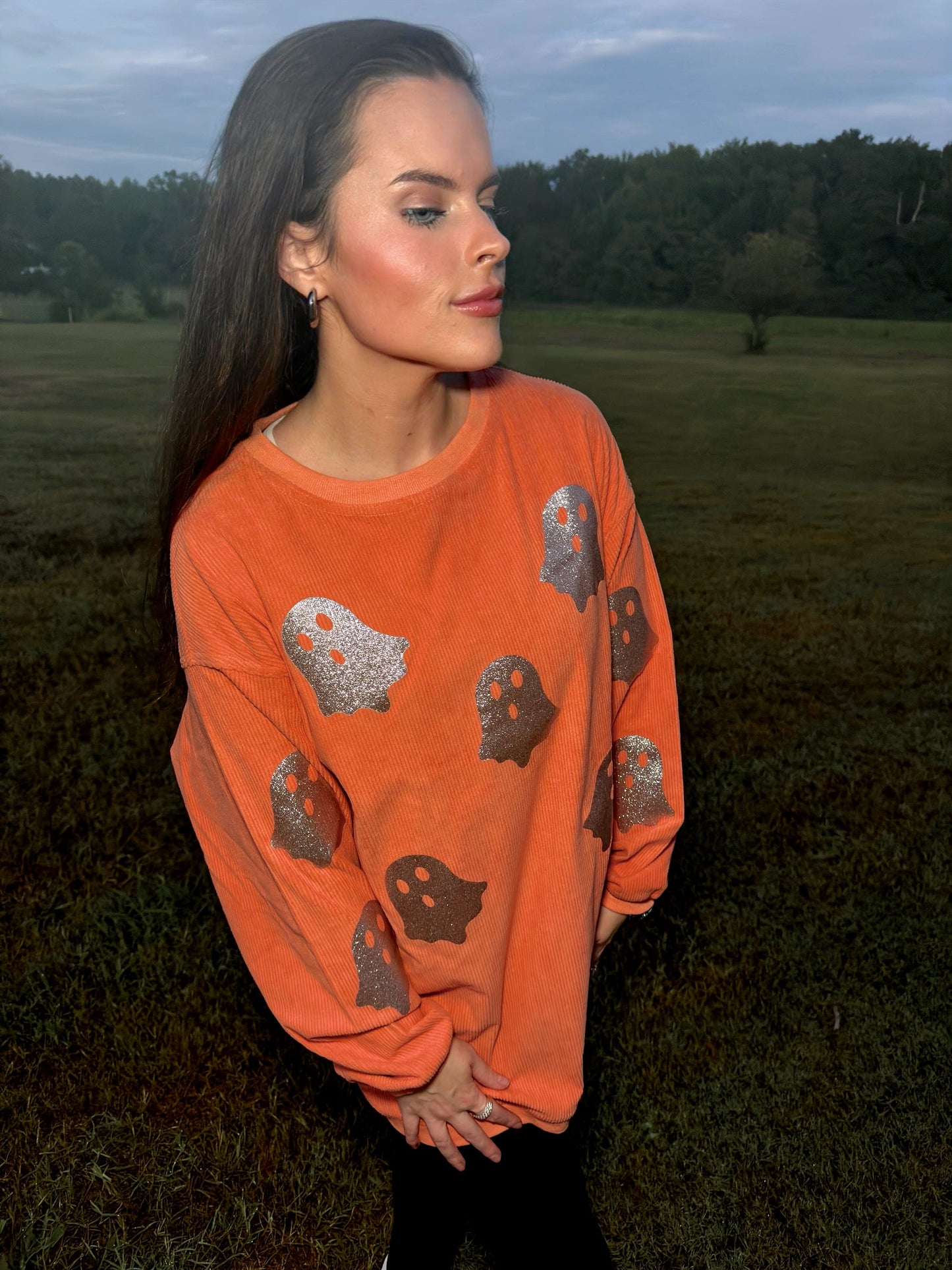 Orange Glitter Ghost Corded Crew