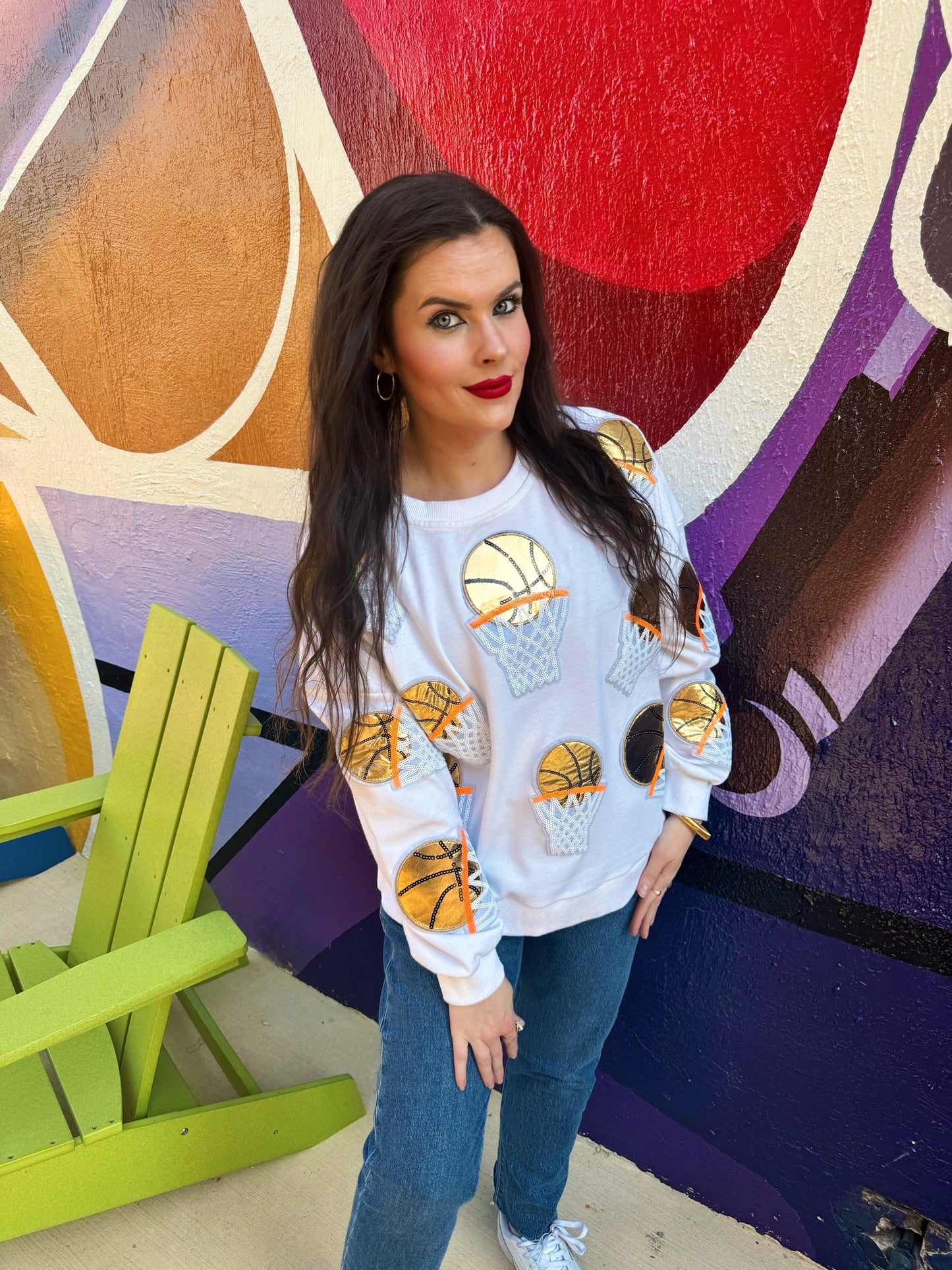 White Embroidered Basketball Sweatshirt