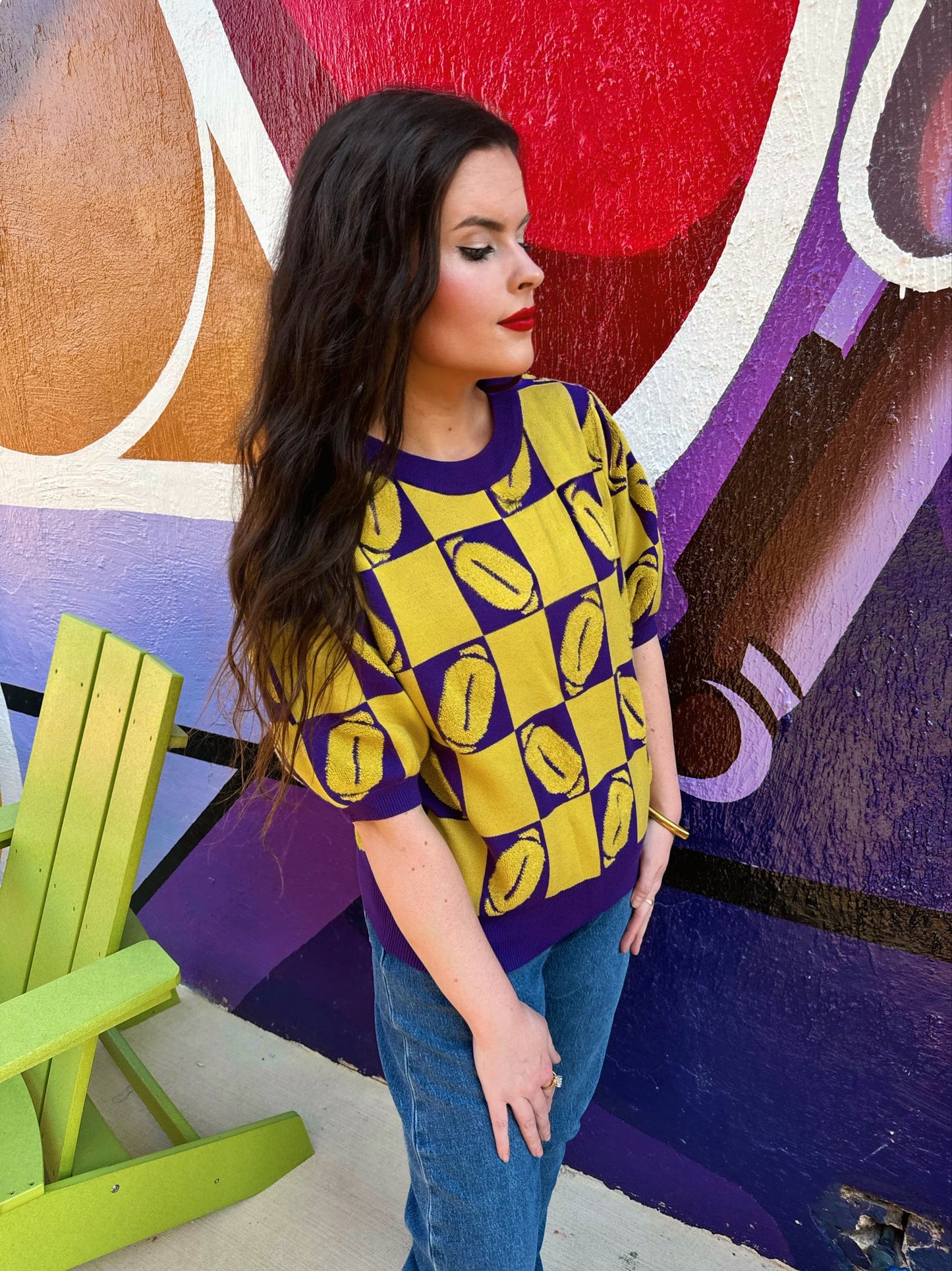 J. Lee Purple/Yellow Luxe Short Sleeve Football Sweater