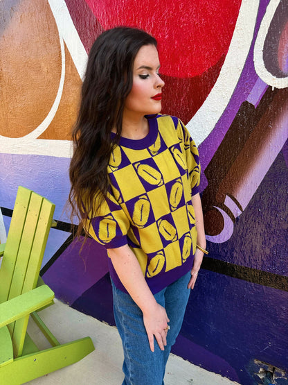 J. Lee Purple/Yellow Luxe Short Sleeve Football Sweater