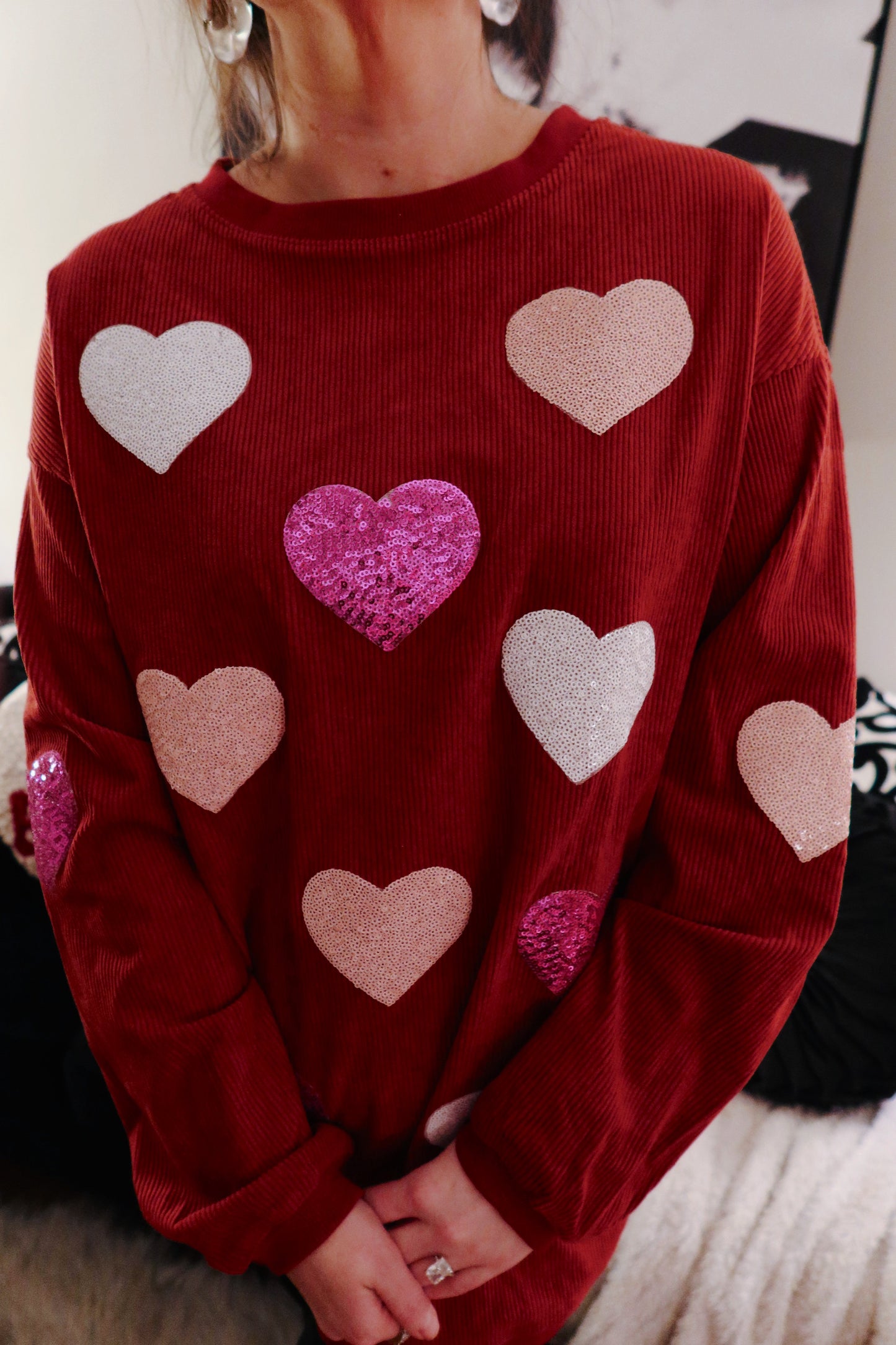 Red Sequin Hearts Corded Crew