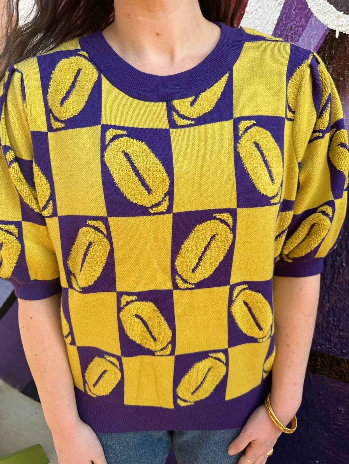 J. Lee Purple/Yellow Luxe Short Sleeve Football Sweater