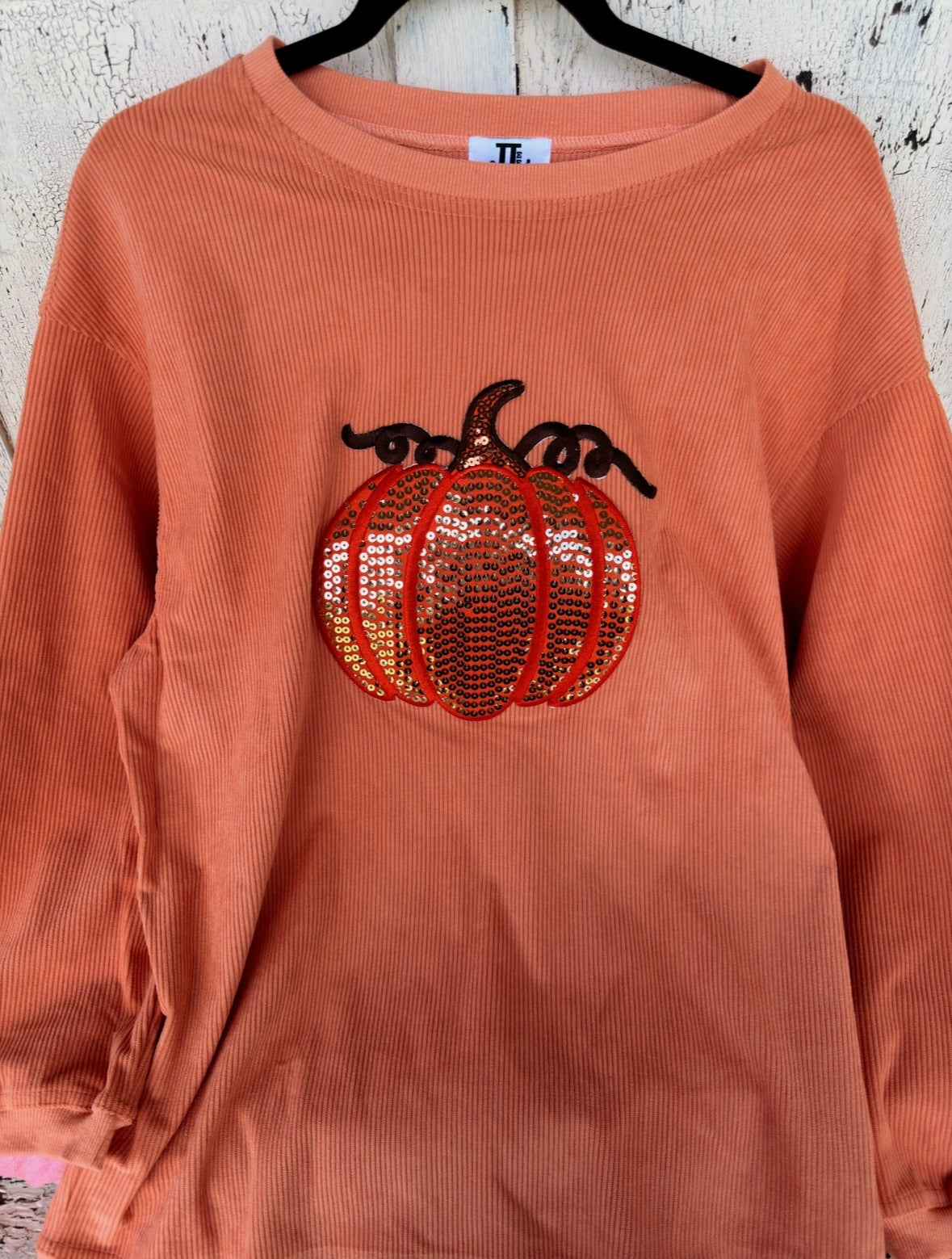 Orange Sequin Pumpkin Corded Crew