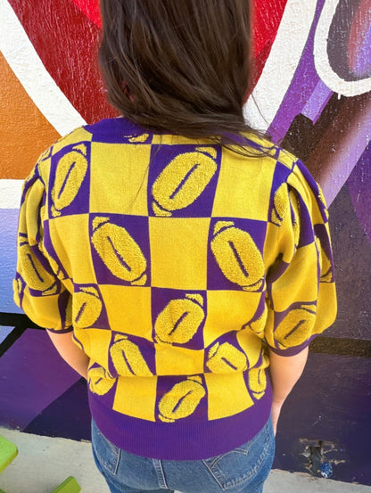 J. Lee Purple/Yellow Luxe Short Sleeve Football Sweater